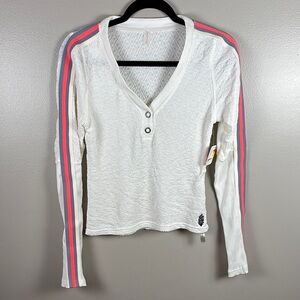 White and Pink Ribbed Long Sleeve Blouse